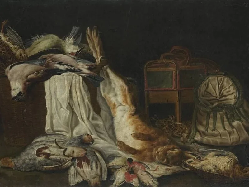 1678-Franz Michael Siegmund von, the elder Purgau - Natura morta di caccia con una lepre, due pernici e altri uccelli